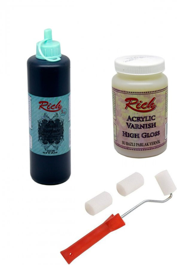 Rich 3lü Boya Seti Multi Surface Siyah 500cc + Parlak Vernik 250cc + Rulo Fırça ürün görseli 1