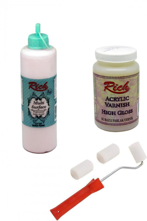 Rich  3lü Boya Seti Multi Surface Bebek Pembe 500cc + Parlak Vernik 250cc + Rulo Fırça ürün görseli 1