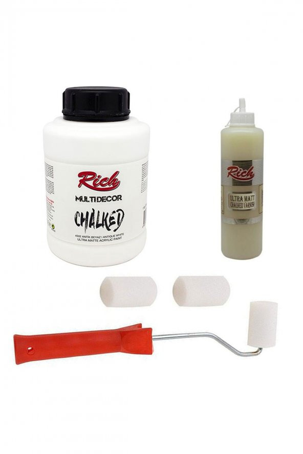 Rich 3lü Boya Seti Chalked Boya 1250cc 4502 Antik Beyaz a Mat Chalked Vernik  Rulo Fırça ürün görseli 1