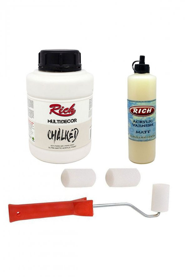 Rich 3lü Boya Seti Chalked Boya 1250cc 4574 Paris Gri + 500cc Mat Vernik + Rulo Fırça ürün görseli 1