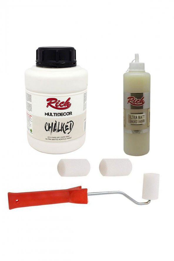 Rich 3lü Boya Seti Chalked Boya 1250cc 4574 Paris Gri + 500ccMat Chalked Vernik + Rulo Fırça ürün görseli 1