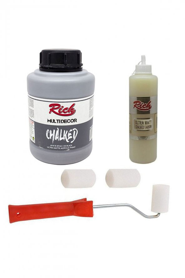 Rich 3lü Boya Seti Chalked Boya 1250cc 4576 Is Siyah + 500cc Mat Chalked Vernik + Rulo Fırça ürün görseli 1