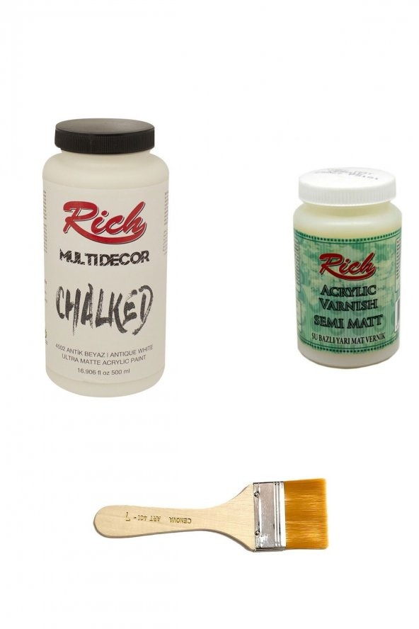 Rich 3lü Boya Seti Chalked Boya Antik Beyaz 500cc + Yarı Mat Vernik 250cc + Zemin Fırçası ürün görseli 1