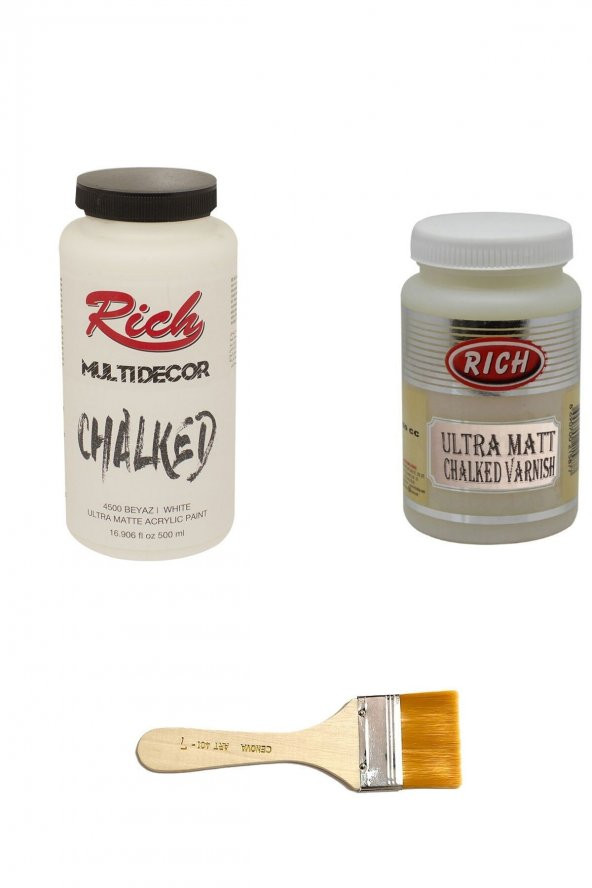 Rich 3lü Boya Seti Chalked Boya Beyaz 500cc + Ultra Mat Vernik 250cc + Zemin Fırçası ürün görseli