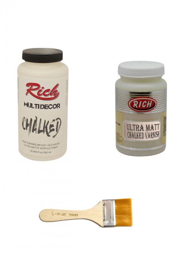 Rich 3lü Boya Seti Chalked Boya Eskimiş Beyaz 500cc + Ultra Mat Vernik 250cc + Zemin Fırçası ürün görseli 1