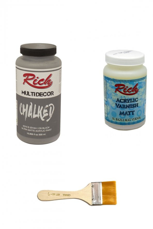 Rich 3lü Boya Seti Chalked Boya Is Siyah 500cc + Mat Vernik 250cc + Zemin Fırçası ürün görseli 1