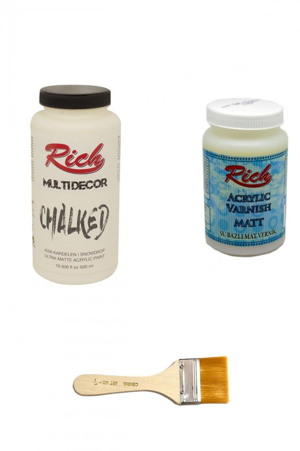 Rich 3lü Boya Seti Chalked Boya Kardelen 500cc + Mat Vernik 250cc + Zemin Fırçası ürün görseli 1