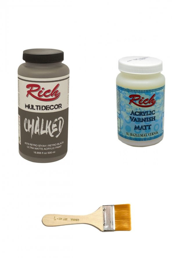Rich 3lü Boya Seti Chalked Boya Retro Siyah 500cc + Mat Vernik 250cc + Zemin Fırçası ürün görseli 1
