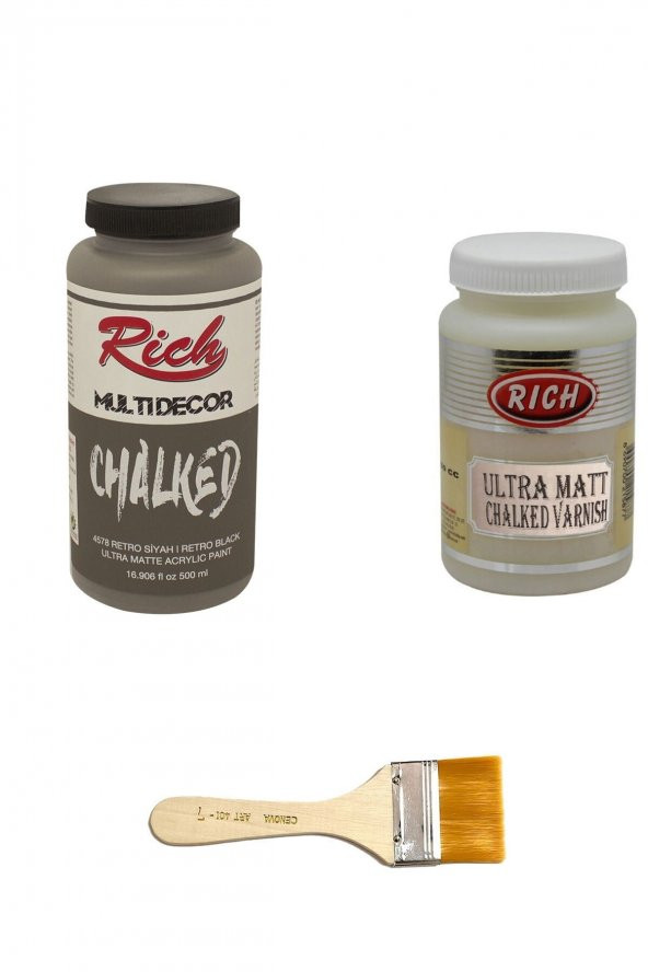 Rich 3lü Boya Seti Chalked Boya Retro Siyah 500cc + Ultra Mat Vernik 250cc + Zemin Fırçası ürün görseli 1