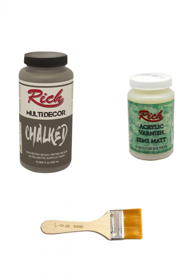Rich 3lü Boya Seti Chalked Boya Retro Siyah 500cc + Yarı Mat Vernik 250cc + Zemin Fırçası ürün görseli 1