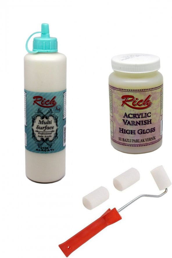 Rich 3lü Boya Seti Multi Surface Alaçatı 500cc + Parlak Vernik 250cc + Rulo Fırça ürün görseli 1