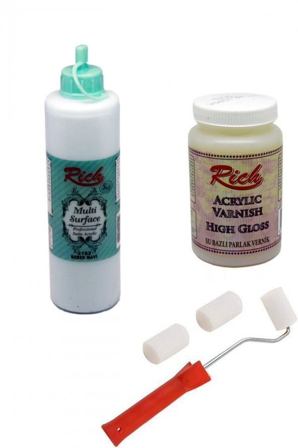 Rich 3lü Boya Seti Multi Surface Bebek Mavi 500cc + Parlak Vernik 250cc + Rulo Fırça ürün görseli 1