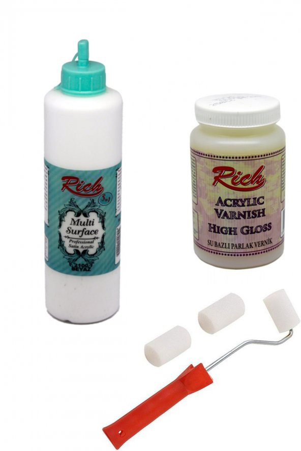 Rich 3lü Boya Seti Multi Surface Beyaz 500cc + Parlak Vernik 250cc + Rulo Fırça ürün görseli 1