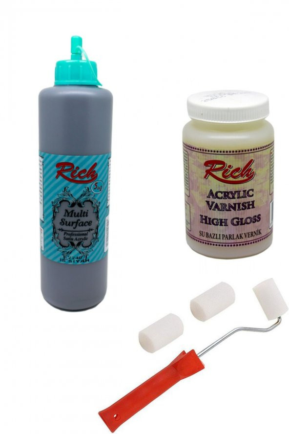 Rich 3lü Boya Seti Multi Surface Is Siyah 500cc + Parlak Vernik 250cc + Rulo Fırça ürün görseli 1