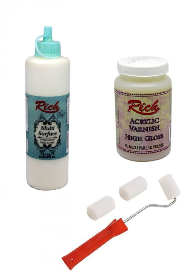 Rich 3lü Boya Seti Multi Surface Kemik 500cc + Parlak Vernik 250cc + Rulo Fırça ürün görseli 1