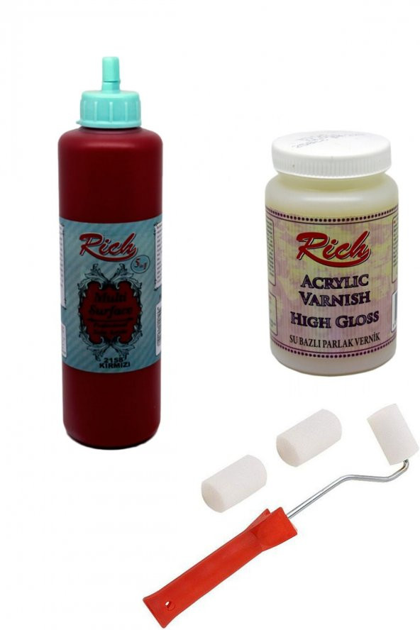 Rich 3lü Boya Seti Multi Surface Kırmızı 500cc + Parlak Vernik 250cc + Rulo Fırça ürün görseli 1