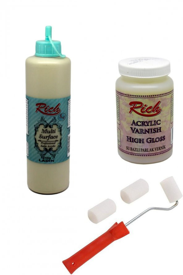 Rich 3lü Boya Seti Multi Surface Ladin 500cc + Parlak Vernik 250cc + Rulo Fırça ürün görseli 1