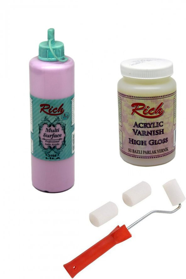 Rich 3lü Boya Seti Multi Surface Lila 500cc + Parlak Vernik 250cc + Rulo Fırça ürün görseli 1