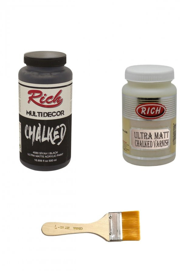 Rich Sanat 3lü Boya Seti Chalked Boya Siyah 500cc + Ultra Mat Vernik 250cc + Zemin Fırçası ürün görseli 1