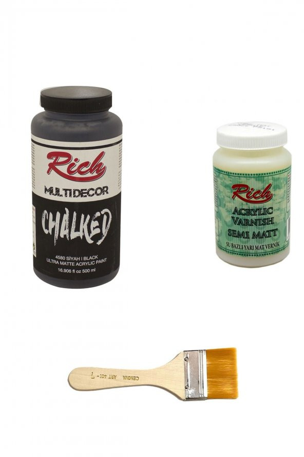 Rich Sanat 3lü Boya Seti Chalked Boya Siyah 500cc + Yarı Mat Vernik 250cc + Zemin Fırçası ürün görseli 1