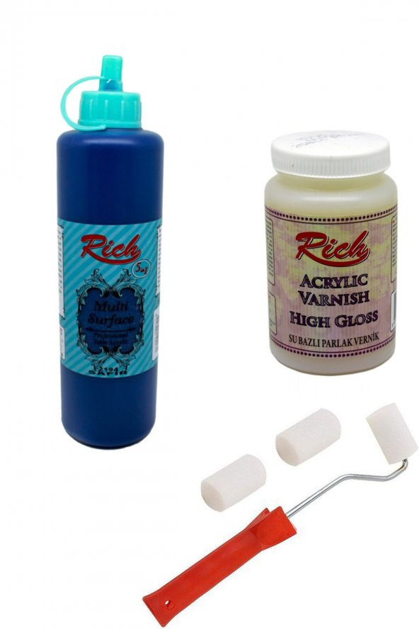 Rich 3lü Boya Seti Multi Surface Safir 500cc + Parlak Vernik 250cc + Rulo Fırça ürün görseli 1