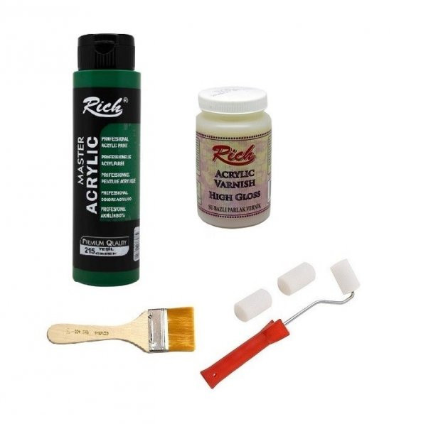 Rich Boya Seti Akrilik Boya 500 cc 215 Yeşil + Parlak Vernik 250cc + Rulo Fırça+ Zemin Fırça ürün görseli 1