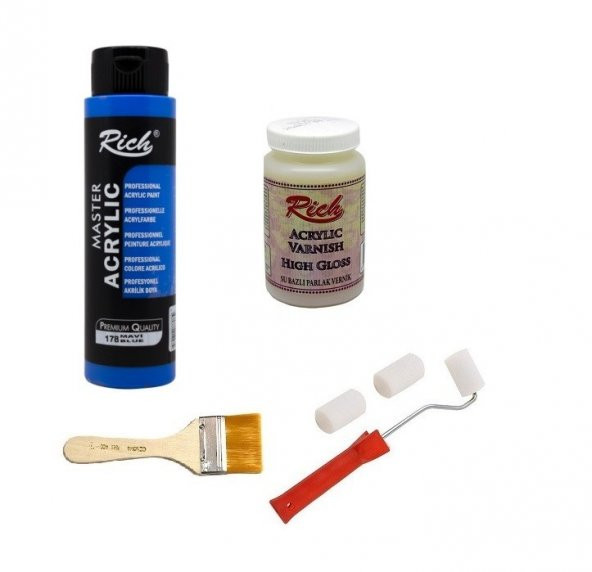 Rich Boya Seti Akrilik Boya 500 cc Mavi + Parlak Vernik 250cc + Rulo Fırça+ Zemin Fırça ürün görseli 1