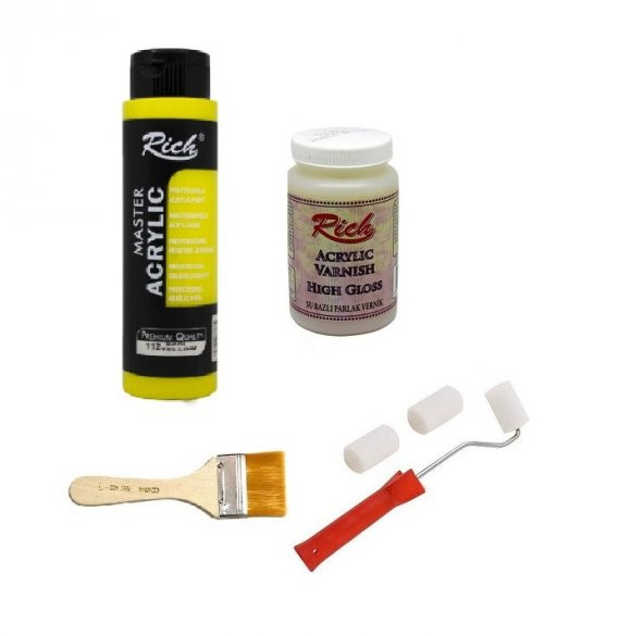 Rich Boya Seti Akrilik Boya 500 cc Sarı + Parlak Vernik 250cc + Rulo Fırça+ Zemin Fırça ürün görseli 1