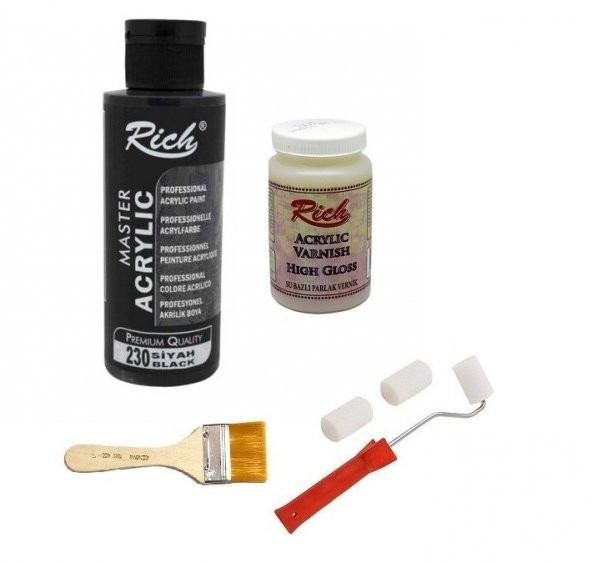 Rich Boya Seti Akrilik Siyah 500 cc + Parlak Vernik 250cc + Rulo Fırça+ Zemin Fırça ürün görseli 1