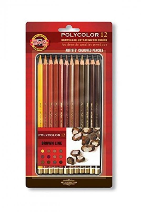 Koh-i-Noor Polycolor Artist Kuru Boya Kalemi Kahverengi Tonlar Metal Kutu 12li ürün görseli 1