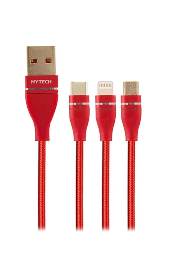 Hytech 1.2 Metre 3 Amper Micro USB + Lightning + TypeC 3 IN 1 Şarj Kablosu