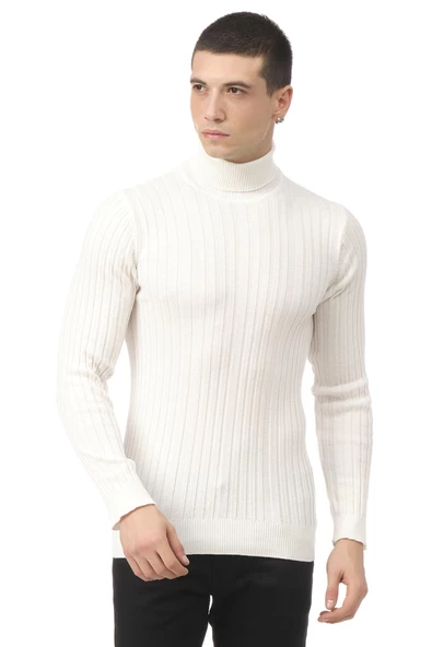 Erkek Slim Fit Fitilli Likralı Düz Renkli Triko Boğazlı Kazak - 11