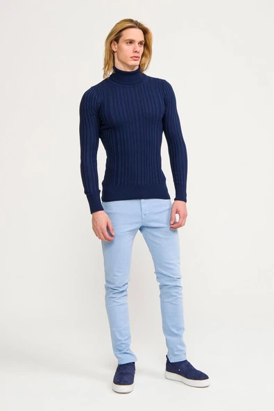 Erkek Slim Fit Fitilli Likralı Düz Renkli Triko Boğazlı Kazak - 9