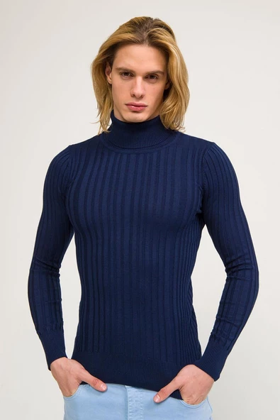 Erkek Slim Fit Fitilli Likralı Düz Renkli Triko Boğazlı Kazak - 7