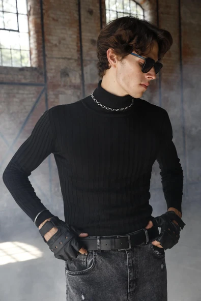 Erkek Slim Fit Fitilli Likralı Düz Renkli Triko Boğazlı Kazak - 2