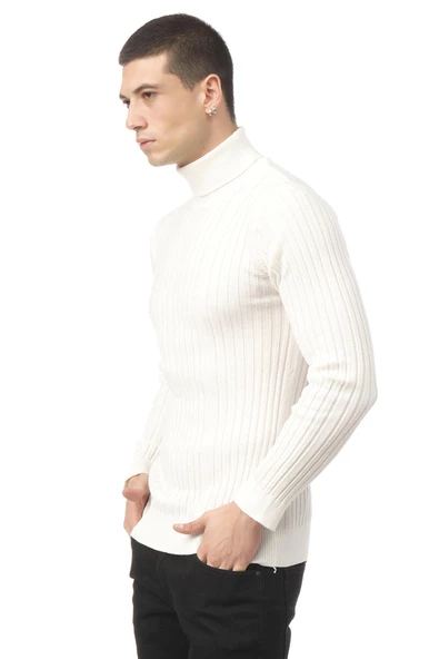 Erkek Slim Fit Fitilli Likralı Düz Renkli Triko Boğazlı Kazak - 12