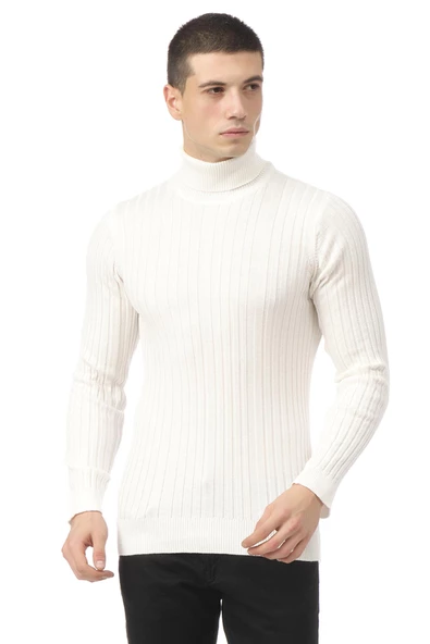 Erkek Slim Fit Fitilli Likralı Düz Renkli Triko Boğazlı Kazak - 10