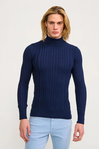 Erkek Slim Fit Fitilli Likralı Düz Renkli Triko Boğazlı Kazak - 5