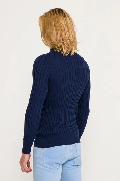 Erkek Slim Fit Fitilli Likralı Düz Renkli Triko Boğazlı Kazak - 8