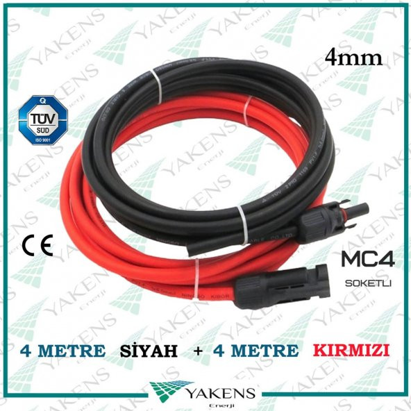 Mc4 Soketli (4m+4m) 8 Metre 4mm Güneş Paneli Hazır Solar Kablo Siyah Kırmızı ürün görseli