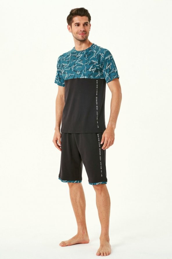 4541 Erkek Kısa Kollu Şortlu Pijama Takım yeşil ürün görseli