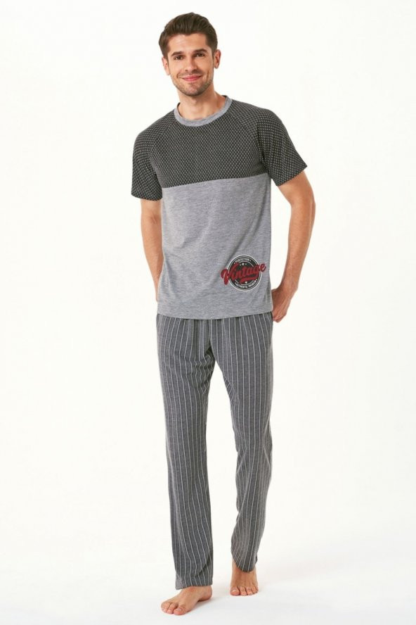 4536 Kısa Kollu Erkek Pijama Takımı Füme - 1