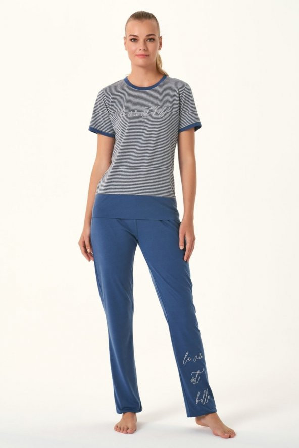 Feyza 4531 Kadın Mavi Çizgili Nakışlı Kısa Kol Pijama Takımı