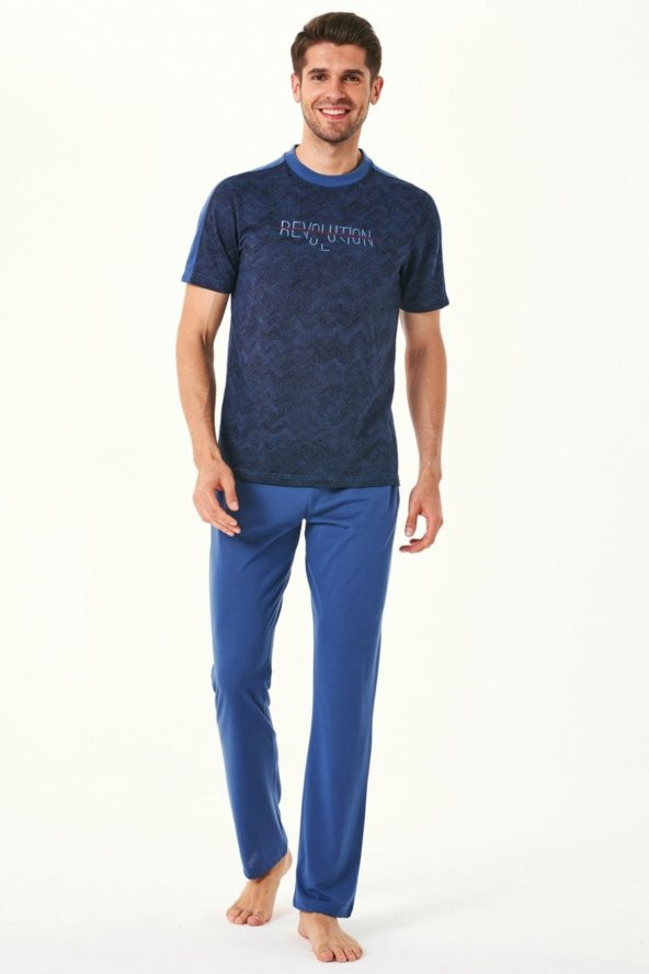 Feyza 4512 Erkek Mavi Nakışlı Pijama Takımı - 1
