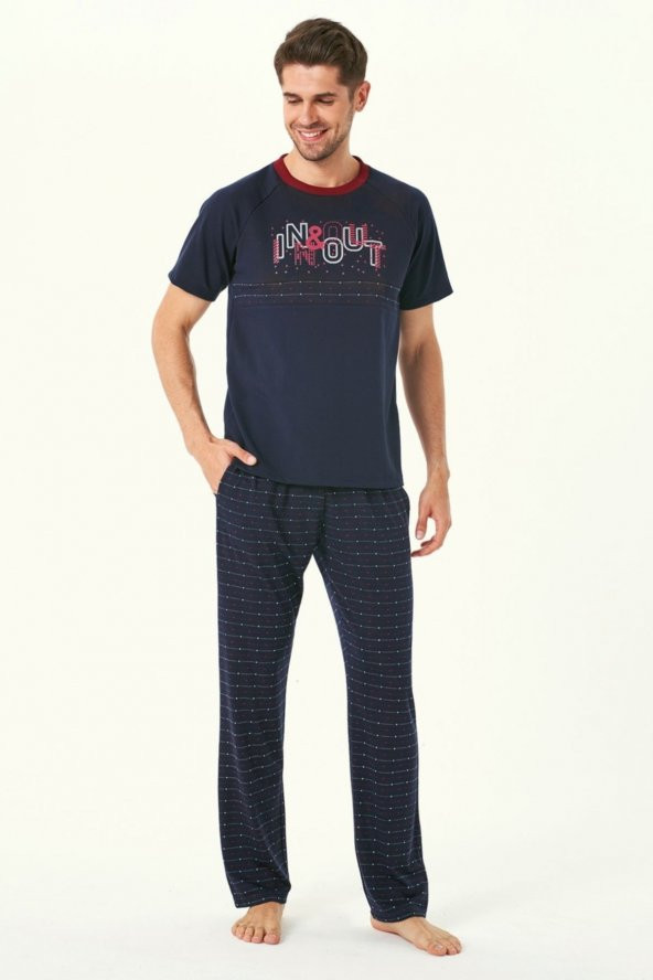 Erkek Lacivert Nakışlı Pijama Takımı