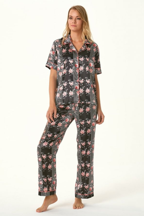 Kadın Dokuma Saten Önden Düğmeli Pijama Takımı 4489