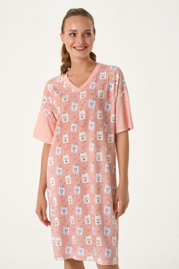 4457 Kadın Pembe Kedi Baskılı Elbise Gecelik ürün görseli