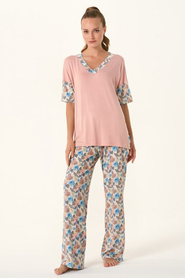 Kadın Yaprak Baskılı Pijama Takımı 4428