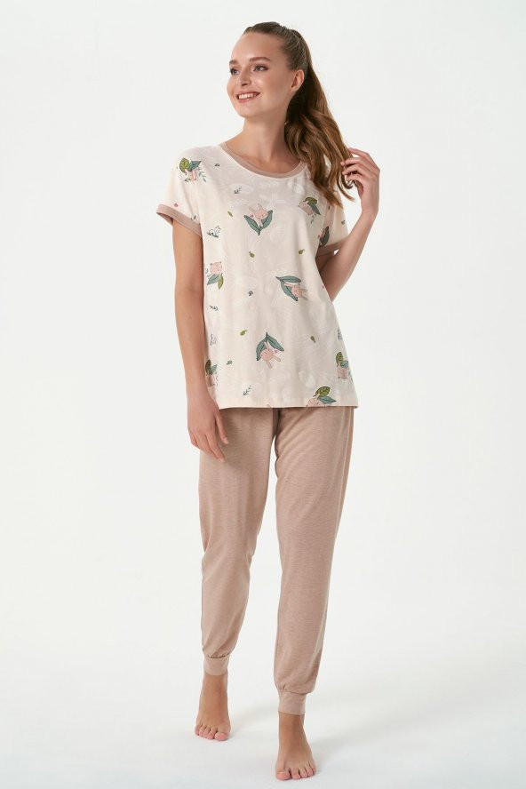 Kadın Sincap Baskılı Kısa Kollu Pijama Takımı