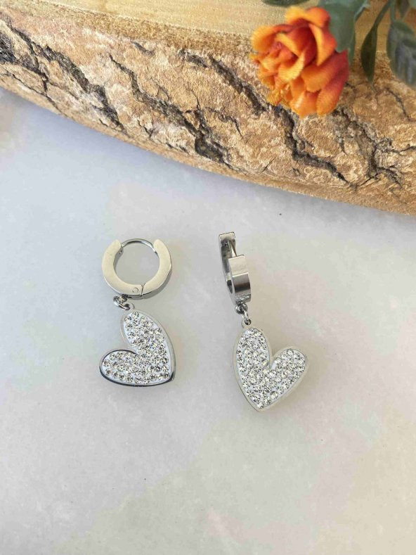 Aksesuar Çarşısı Zirkon Taş Kalp Tasarımlı Silver Çelik Küpe - 3